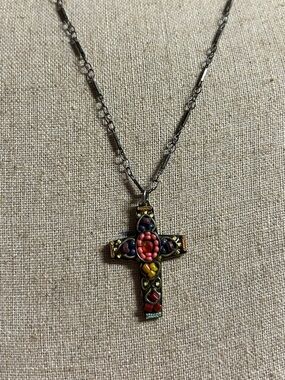 Ayala Bar cross pendant necklace  intricate glass bead work artist's Israeli